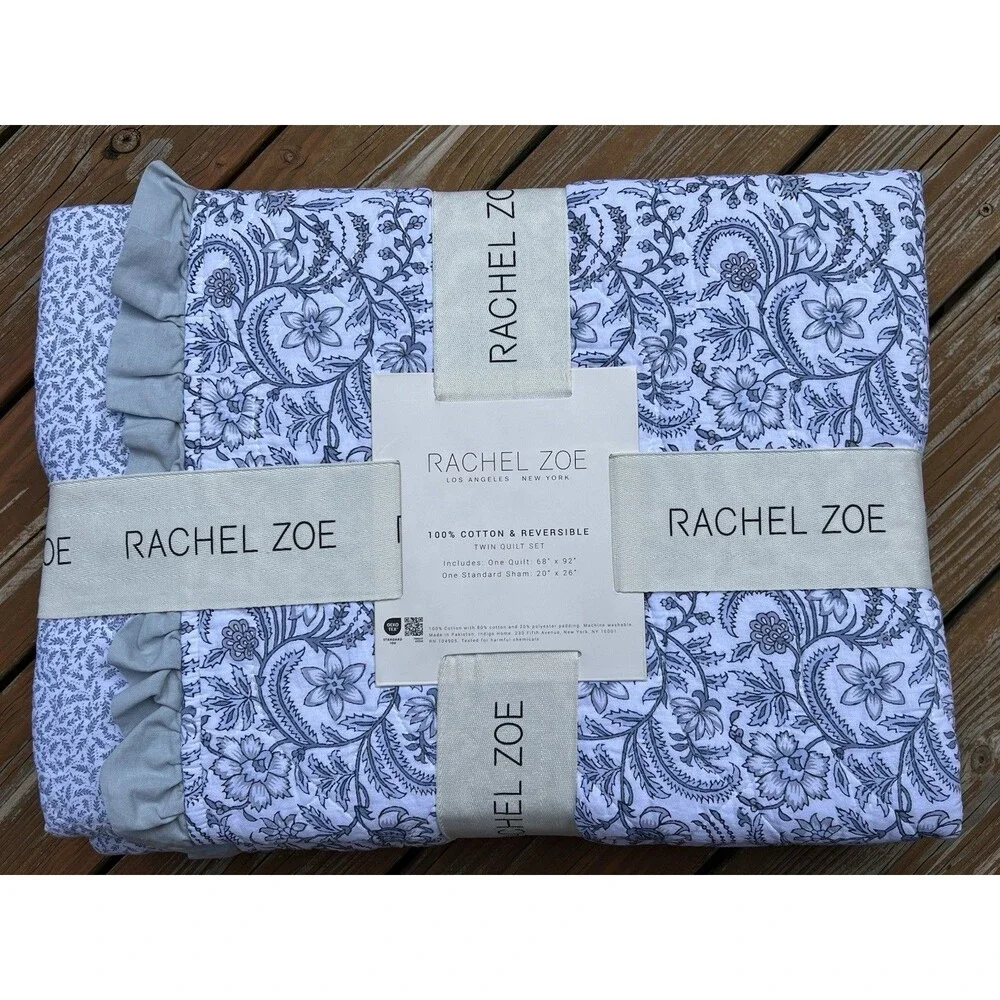 Rachel Zoe Multicolor Floral Reversible TWIN Quilt Cotton Ruffled